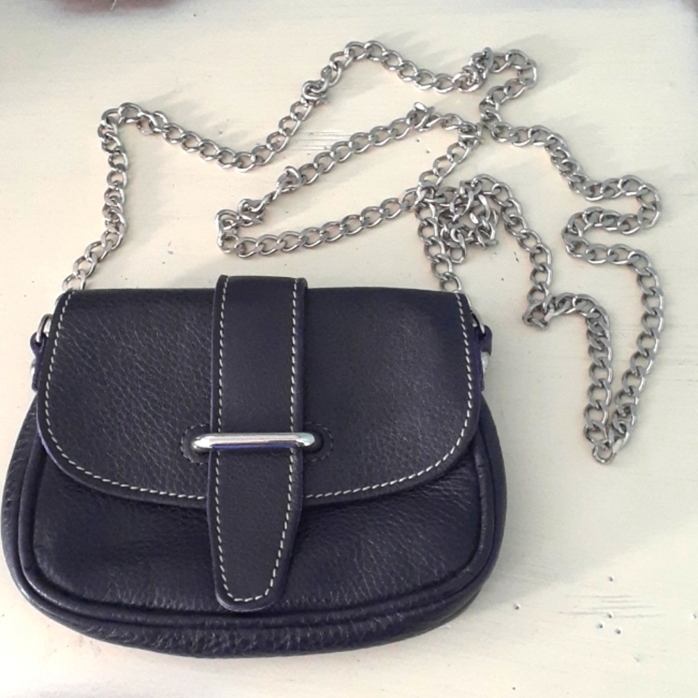 ^ Roots small leather crossbody bag chain link strap
